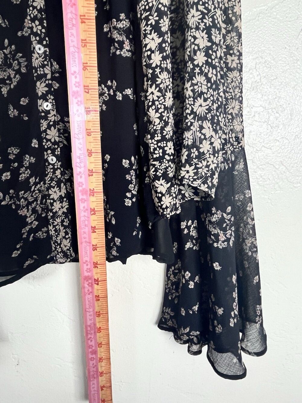 Free People Floral Sheer Bell Sleeve Button Front Boho Blouse Black Medium - Picture 9 of 11